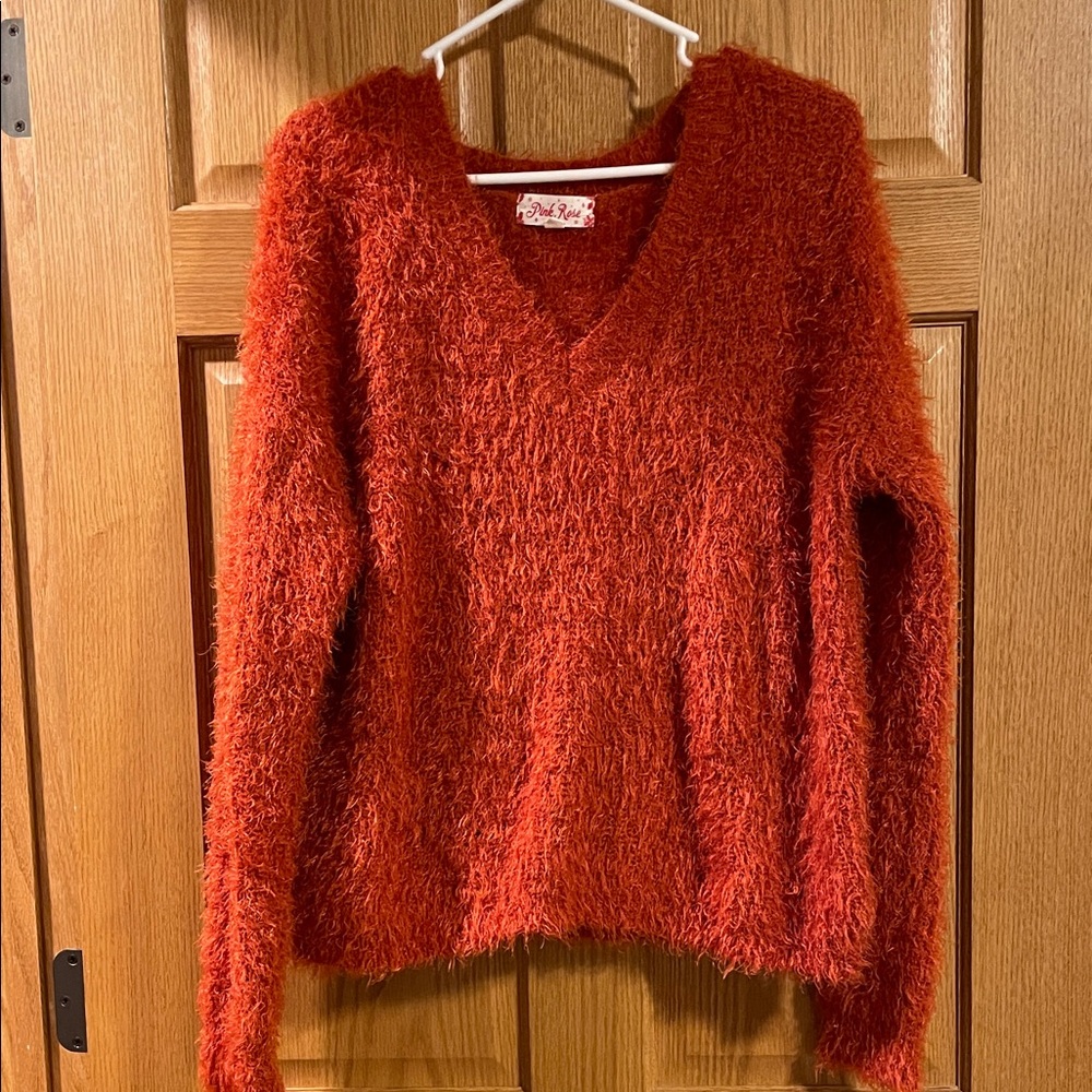Pink Rose Burnt Orange Fuzzy V-Neck Sweater
